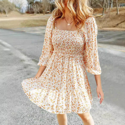 Women’s A-Line Mini Dress – Cotton Blend – Shirred Bodice – Square Neck – Floral Print