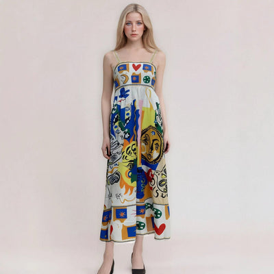 Women’s Maxi Dress – Strapless – Abstract Print – High Waist – Flowy Fit – Cotton Blend
