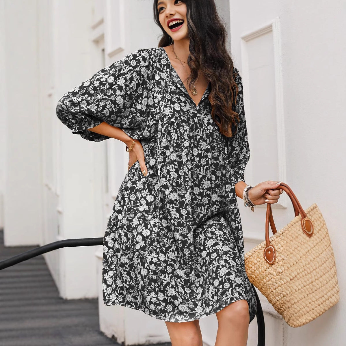 Women’s Midi Dress – V-Neck – Lantern Sleeve – Relaxed Fit – Bohemian Floral Print
