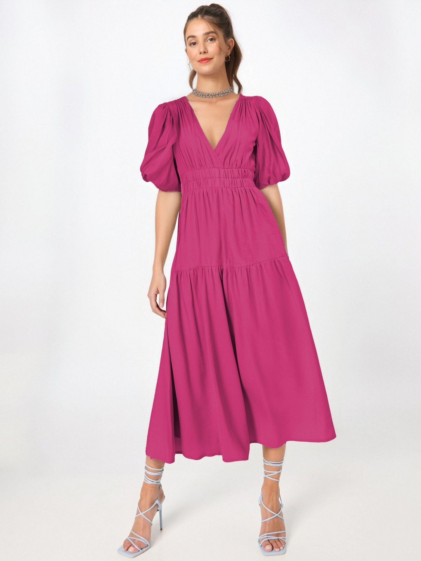 Women’s Midi Dress – Lightweight Fabric – Deep V-Neck – Puff Sleeves – Tiered Skirt