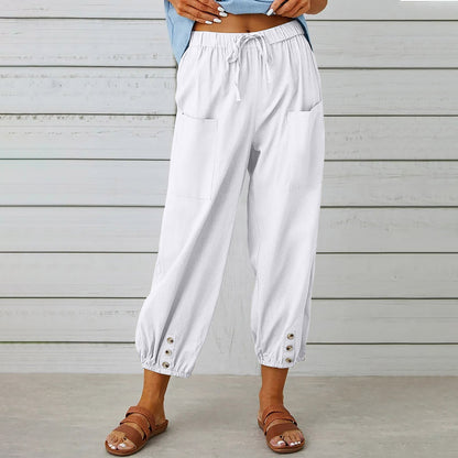 Women’s Cropped Pants – Cotton Linen Blend – High Waist – Loose Fit – Elasticated Hem