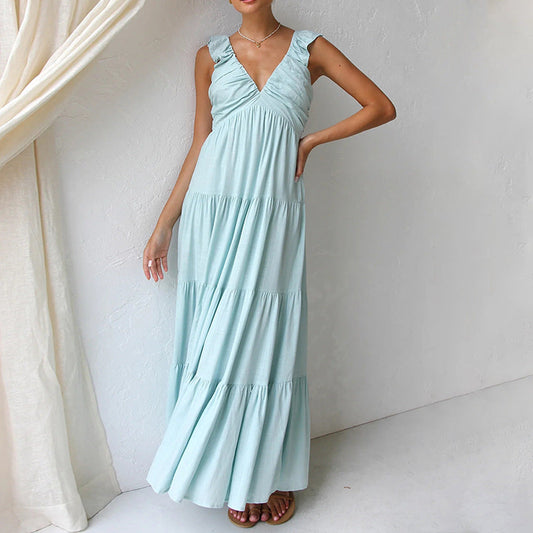 Women’s Maxi Dress – Flowing A-Line Fit – Tiered Skirt – Ruffled Straps – V-Neck – Breathable Blend