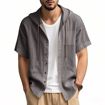 Men’s Hooded Shirt – Linen Blend – Relaxed Fit – Short Sleeve – Button-Up Casual Top