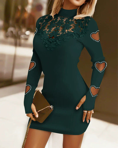 Women’s Sweater Dress – Slim Fit Ribbed Knit – High Neck – Lace Chest – Heart Cut-Out Sleeves