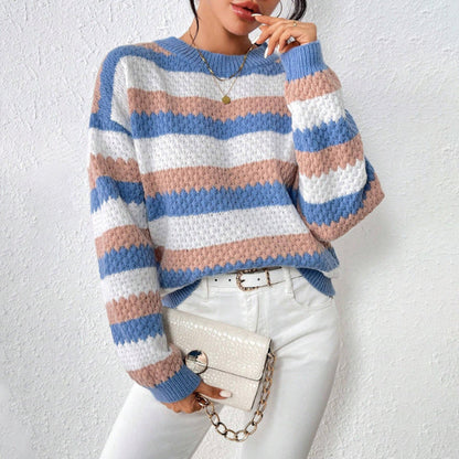 Women’s Knitted Sweater – Relaxed Fit – Chunky Knit – Striped Casual Pullover
