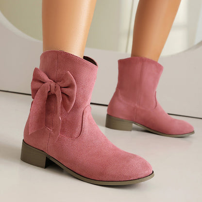 Women’s Short Boots – Suede Finish – Low Heel – Decorative Bow – Comfort Fit