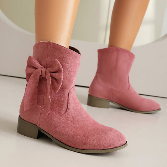Women’s Short Boots – Suede Finish – Low Heel – Decorative Bow – Comfort Fit