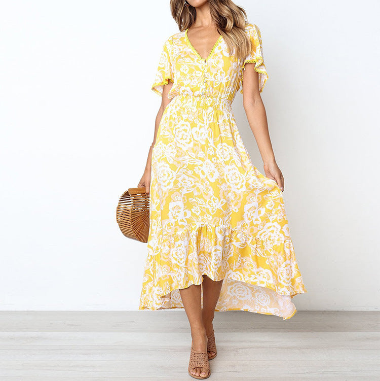 Women’s Maxi Dress – A-Line Fit – Floral Print – V-Neck – Ruffled Hem – Breathable Blend