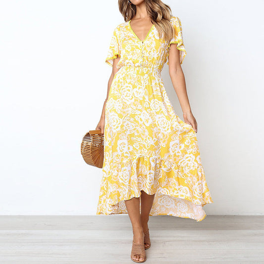 Women’s Maxi Dress – A-Line Fit – Floral Print – V-Neck – Ruffled Hem – Breathable Blend