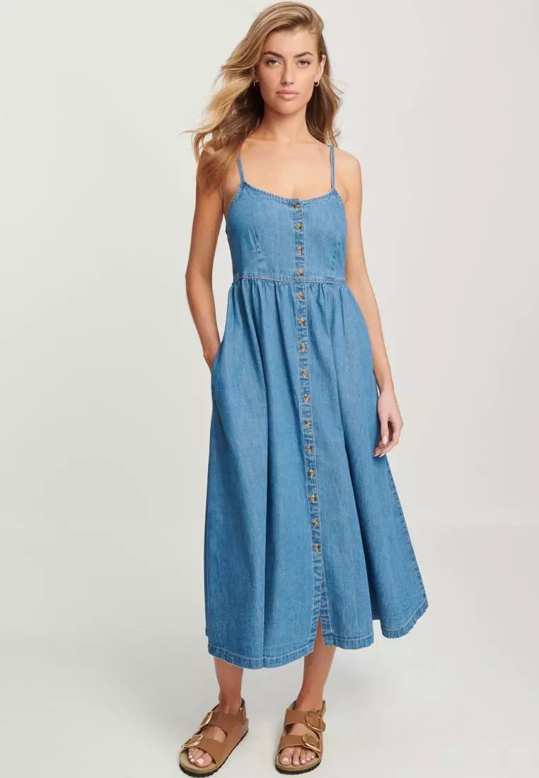 Women’s Midi Dress – Denim – A-Line Fit – Spaghetti Straps – Elastic Back Casual Wear