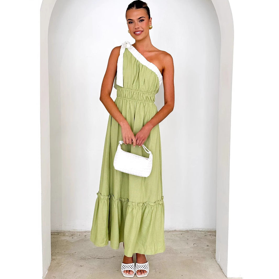 Women’s One-Shoulder Dress – Cotton Blend – A-Line Fit – Midi Length – Ruffle Hem