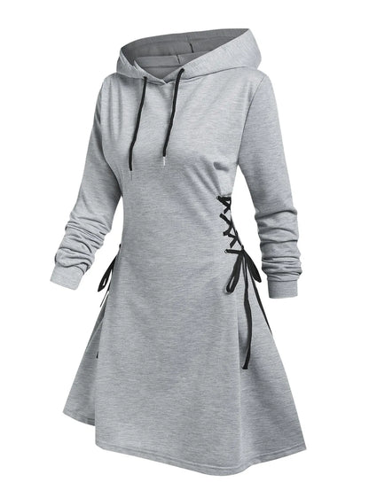 Women's Hooded Mini Dress - A-Line Fit - Lace-Up Sides - Long Sleeve Casual Wear