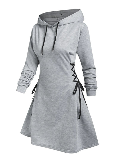 Women's Hooded Mini Dress - A-Line Fit - Lace-Up Sides - Long Sleeve Casual Wear