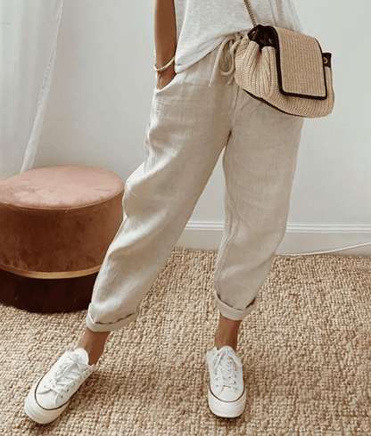 Women’s Trousers – Relaxed Fit – Breathable Blend – Drawstring Waist – Abstract Print