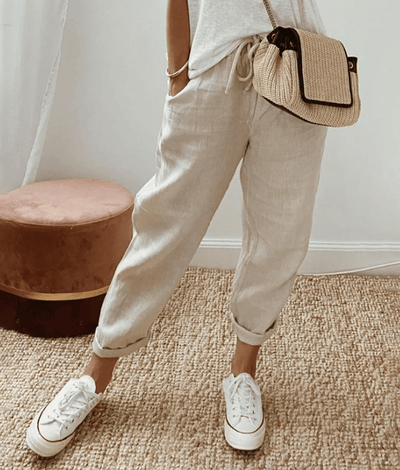 Women’s Trousers – Relaxed Fit – Breathable Blend – Drawstring Waist – Abstract Print