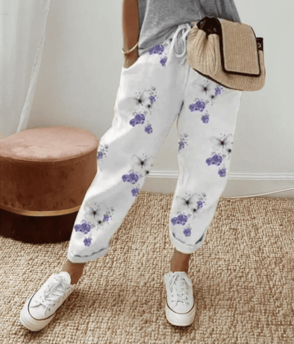 Women’s Trousers – Relaxed Fit – Breathable Blend – Drawstring Waist – Abstract Print