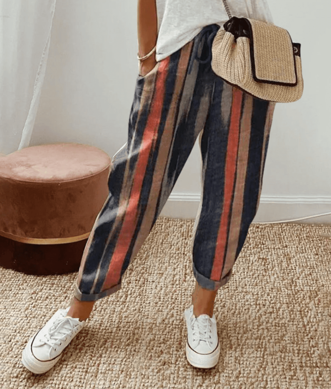 Women’s Trousers – Relaxed Fit – Breathable Blend – Drawstring Waist – Abstract Print