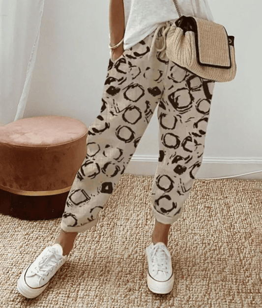 Women’s Trousers – Relaxed Fit – Breathable Blend – Drawstring Waist – Abstract Print