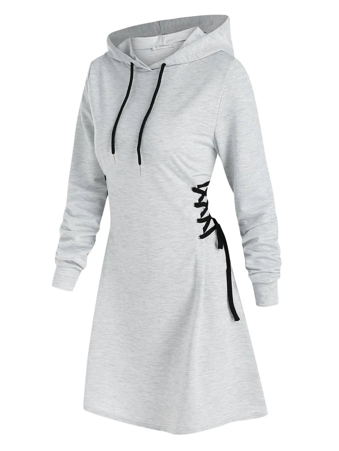 Women's Hooded Mini Dress - A-Line Fit - Lace-Up Sides - Long Sleeve Casual Wear