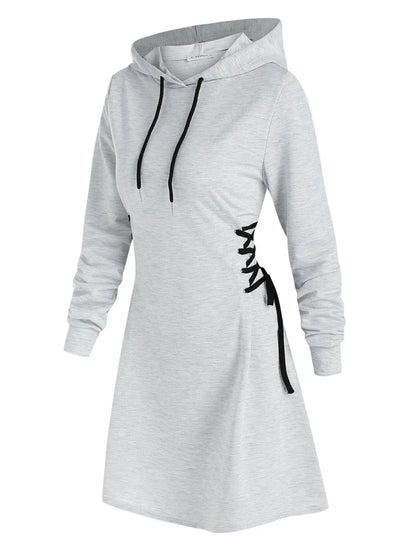 Women's Hooded Mini Dress - A-Line Fit - Lace-Up Sides - Long Sleeve Casual Wear