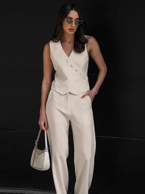 Women's Two-Piece Suit - Sleeveless V-Neck Top - High-Waisted Wide-Leg Pants