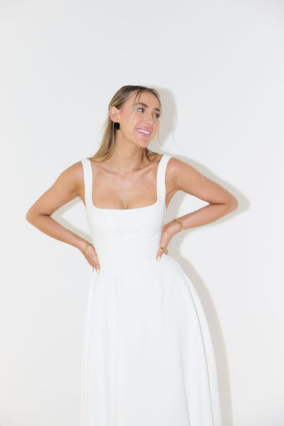 Women’s Midi Dress – Satin Finish – Fitted Bodice – Sleeveless – Square Neckline