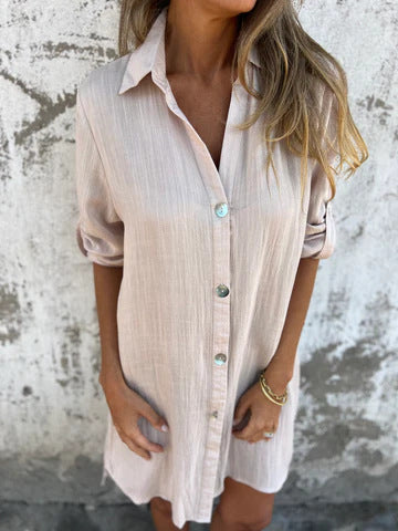 Women’s Shirtdress – Relaxed Fit – Button Front – Rolled Sleeves – Breathable Blend