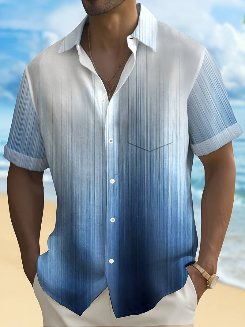 Men's Button-Up Shirt - Gradient Design - Short Sleeve - Relaxed Fit - Lightweight Breathable