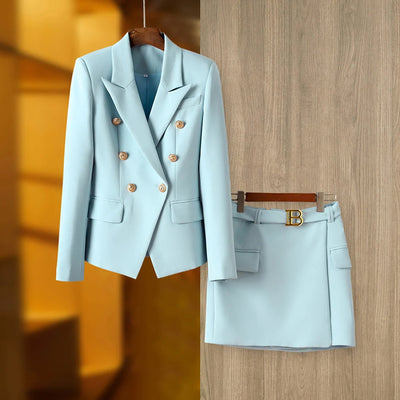 Women's Blazer and Skirt Set - Tailored Fit - Double-Breasted Jacket - Belted Short Skirt