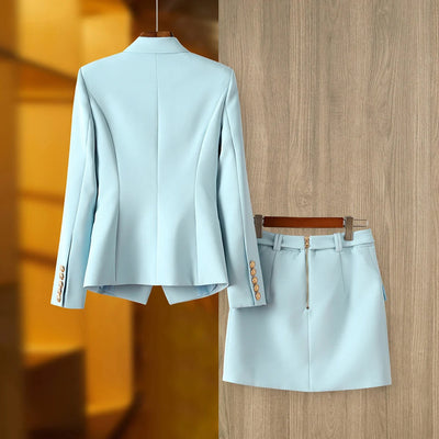 Women's Blazer and Skirt Set - Tailored Fit - Double-Breasted Jacket - Belted Short Skirt
