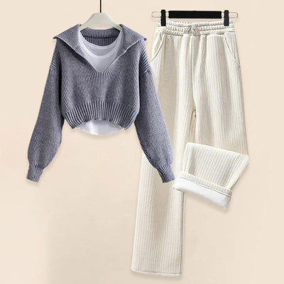 Women's Knit Lounge Set - Ribbed Texture - V-Neck Sweater & Elastic Waist Trousers
