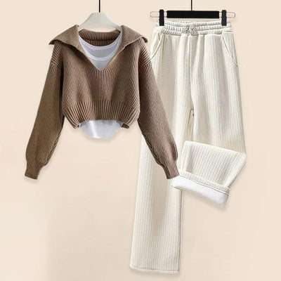 Women's Knit Lounge Set - Ribbed Texture - V-Neck Sweater & Elastic Waist Trousers