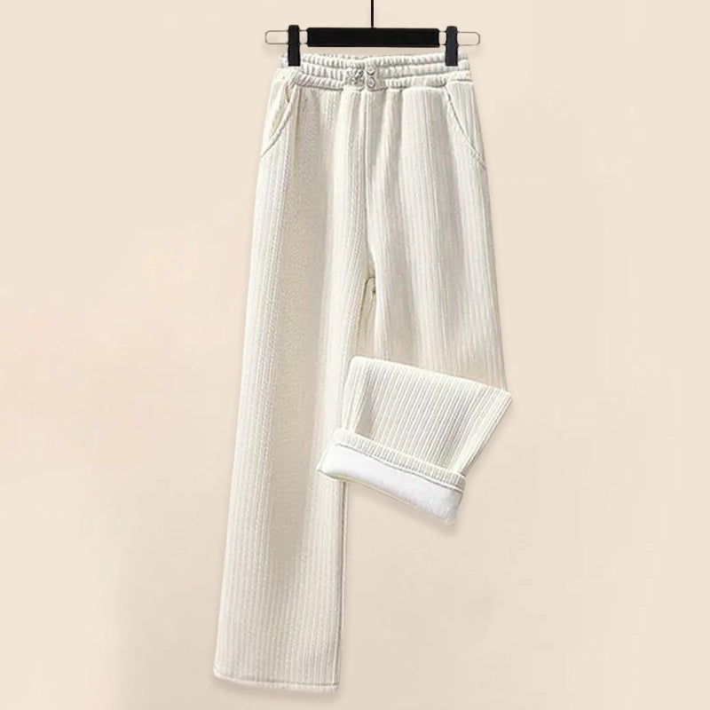 Women's Knit Lounge Set - Ribbed Texture - V-Neck Sweater & Elastic Waist Trousers