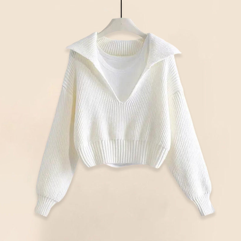 Women's Knit Lounge Set - Ribbed Texture - V-Neck Sweater & Elastic Waist Trousers