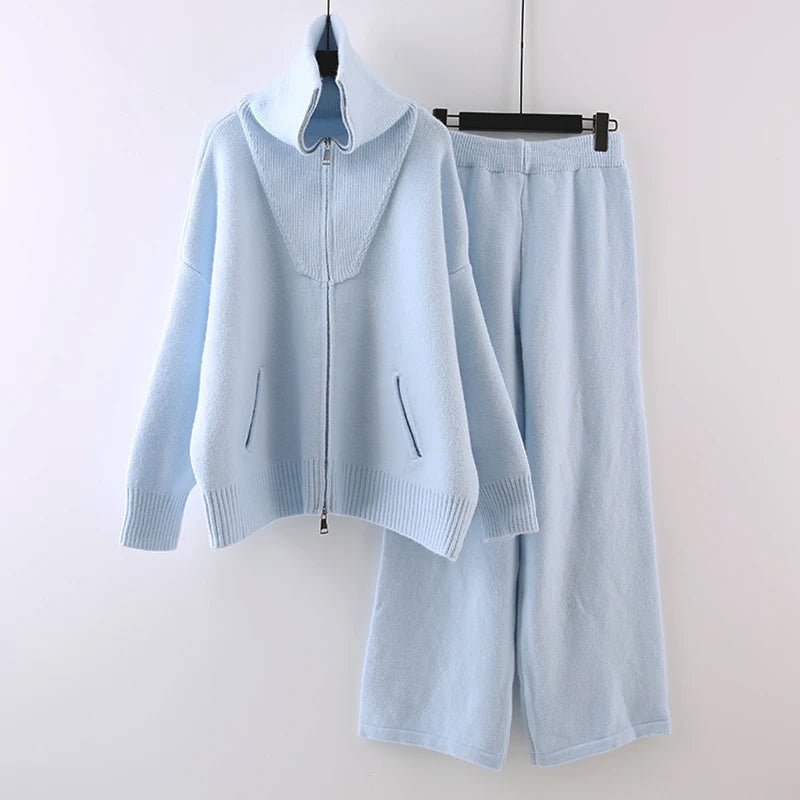 Women's Knitted Loungewear Set – High Collar Jacket & Wide-Leg Trousers – Soft & Warm