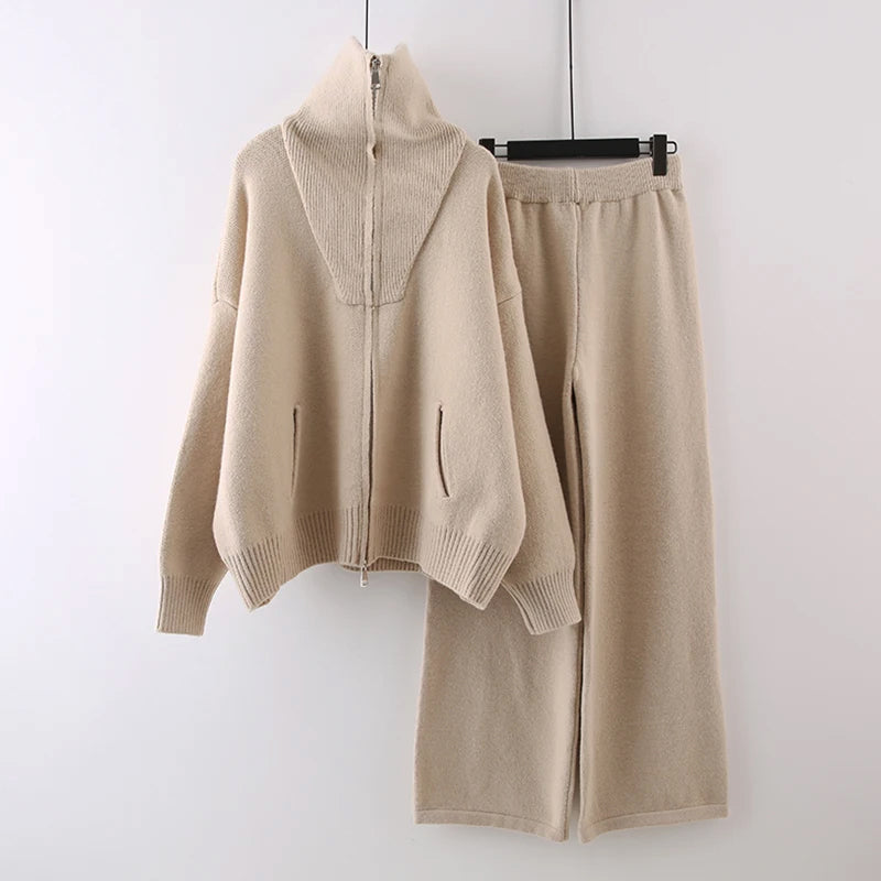 Women's Knitted Loungewear Set – High Collar Jacket & Wide-Leg Trousers – Soft & Warm