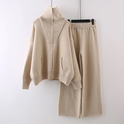 Women's Knitted Loungewear Set – High Collar Jacket & Wide-Leg Trousers – Soft & Warm