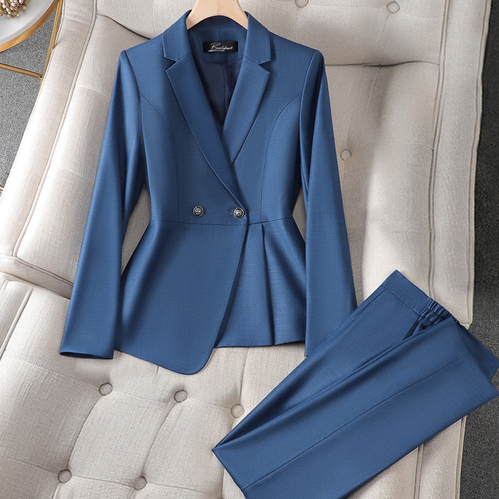 Women's Tailored Suit Set - Double-Breasted Blazer & Slim Fit Trousers - Formal Wear