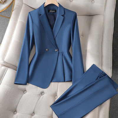 Women's Tailored Suit Set - Double-Breasted Blazer & Slim Fit Trousers - Formal Wear