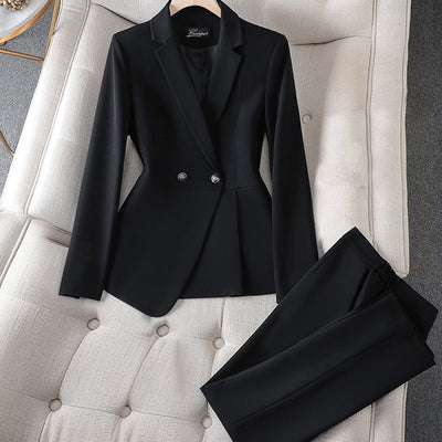Women's Tailored Suit Set - Double-Breasted Blazer & Slim Fit Trousers - Formal Wear