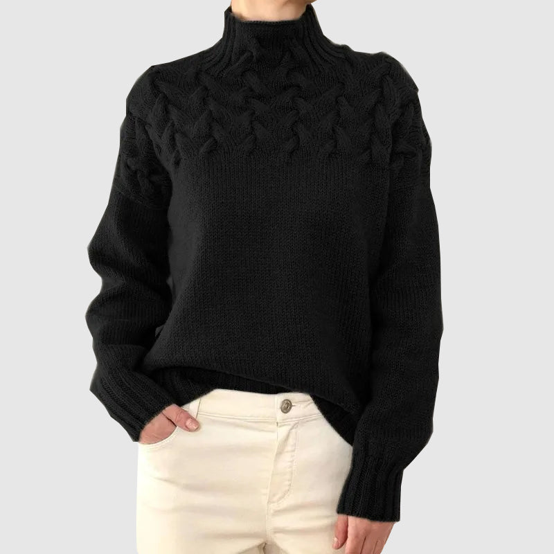 Women's cable knit turtleneck sweater with long sleeves