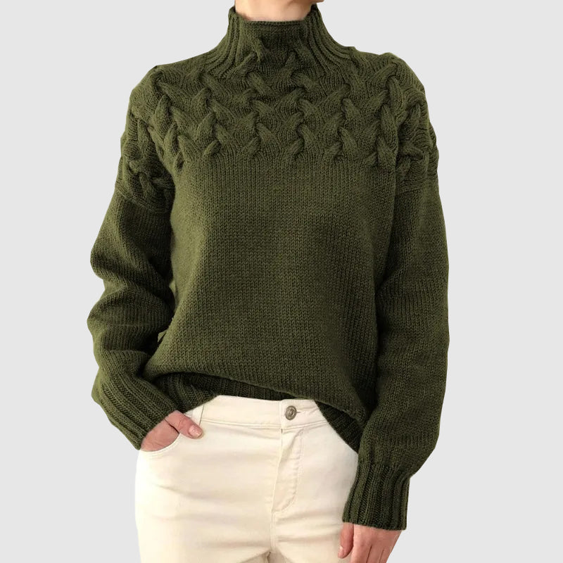 Women's cable knit turtleneck sweater with long sleeves