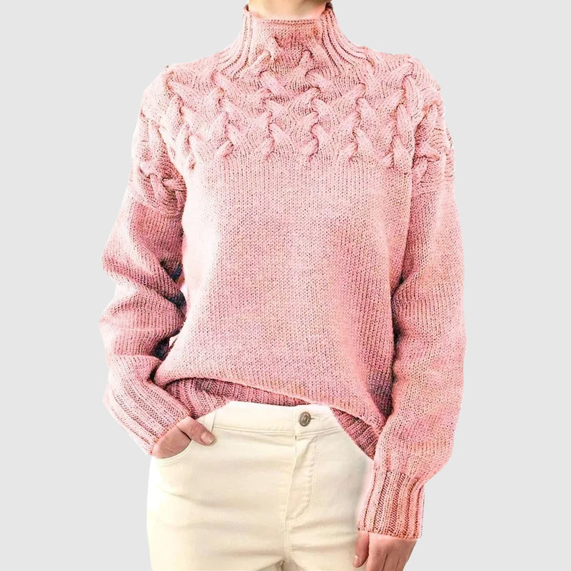 Women's cable knit turtleneck sweater with long sleeves