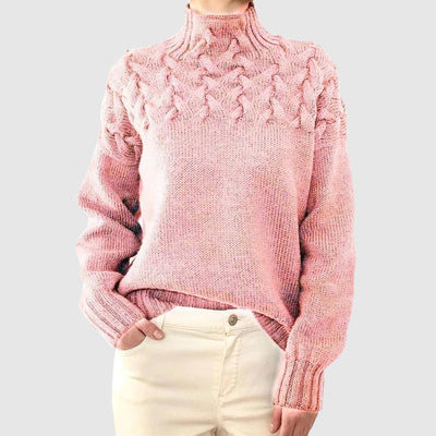 Women's cable knit turtleneck sweater with long sleeves