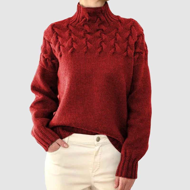 Women's cable knit turtleneck sweater with long sleeves