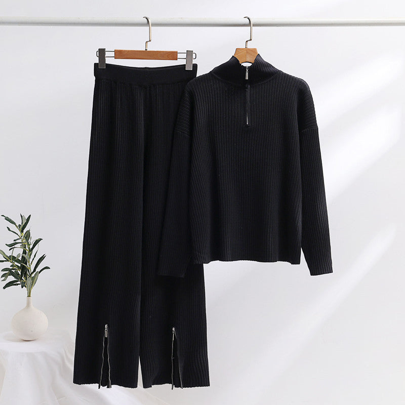 Women's Knit Loungewear Set - Zip Neck Pullover - Wide-Leg Trousers - Ribbed Stretch Fabric