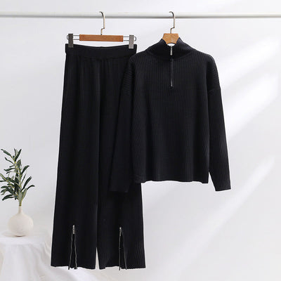 Women's Knit Loungewear Set - Zip Neck Pullover - Wide-Leg Trousers - Ribbed Stretch Fabric