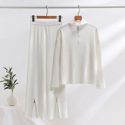 Women's Knit Loungewear Set - Zip Neck Pullover - Wide-Leg Trousers - Ribbed Stretch Fabric