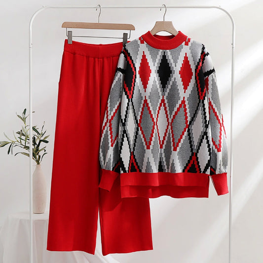 Women's Two-Piece Set - Argyle Knit Sweater & Wide-Leg Trousers - Relaxed Fit