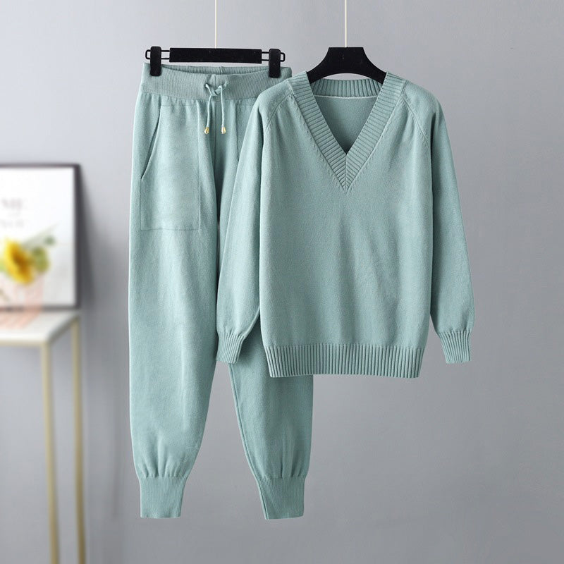 Women's Knitted Lounge Set - Soft Fabric - V-Neck Sweater & Drawstring Trousers
